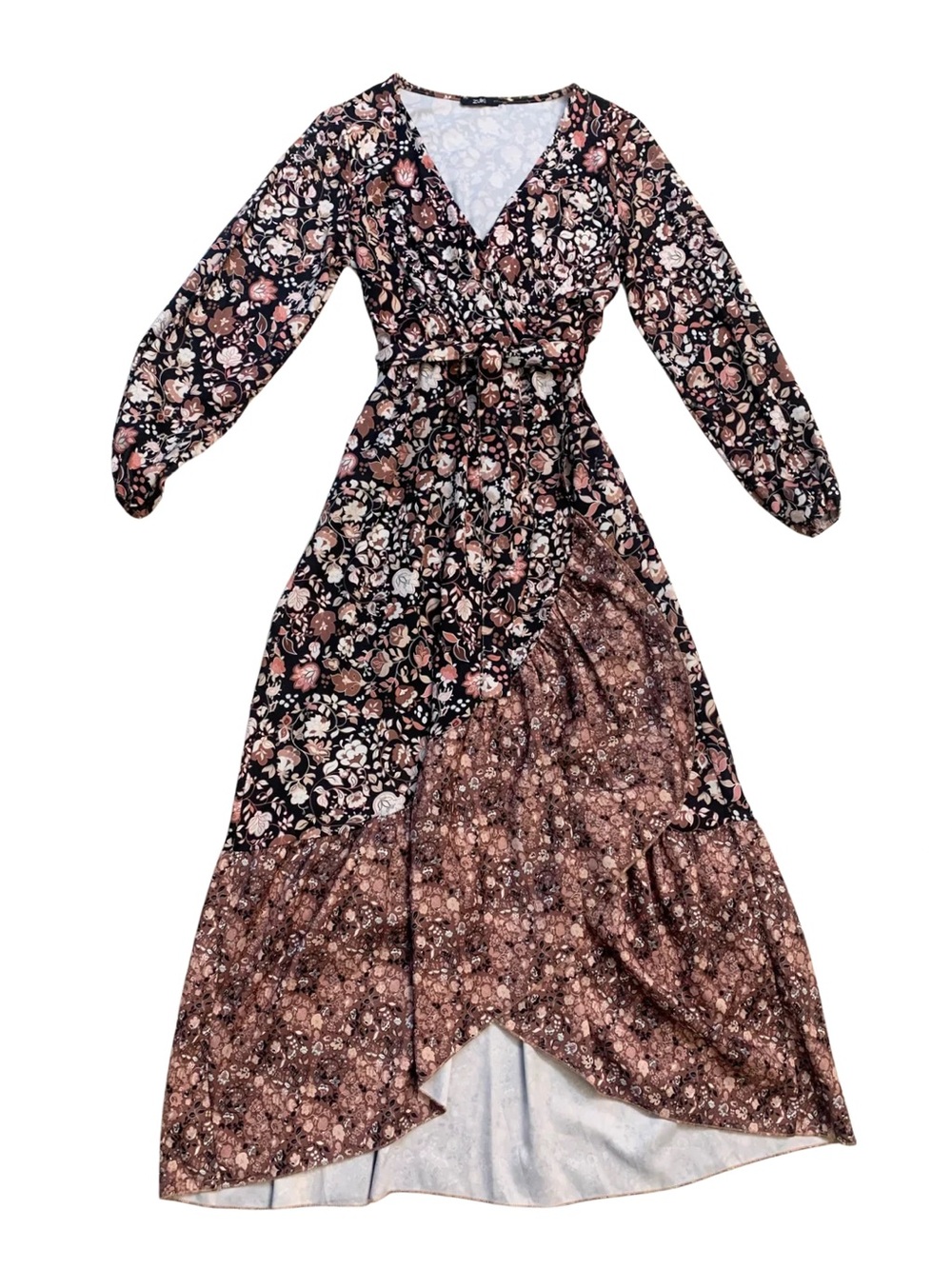 Italian Dark Floral Print Long Sleeves Wrap Maxi Dress Black Pink Prairie Boho